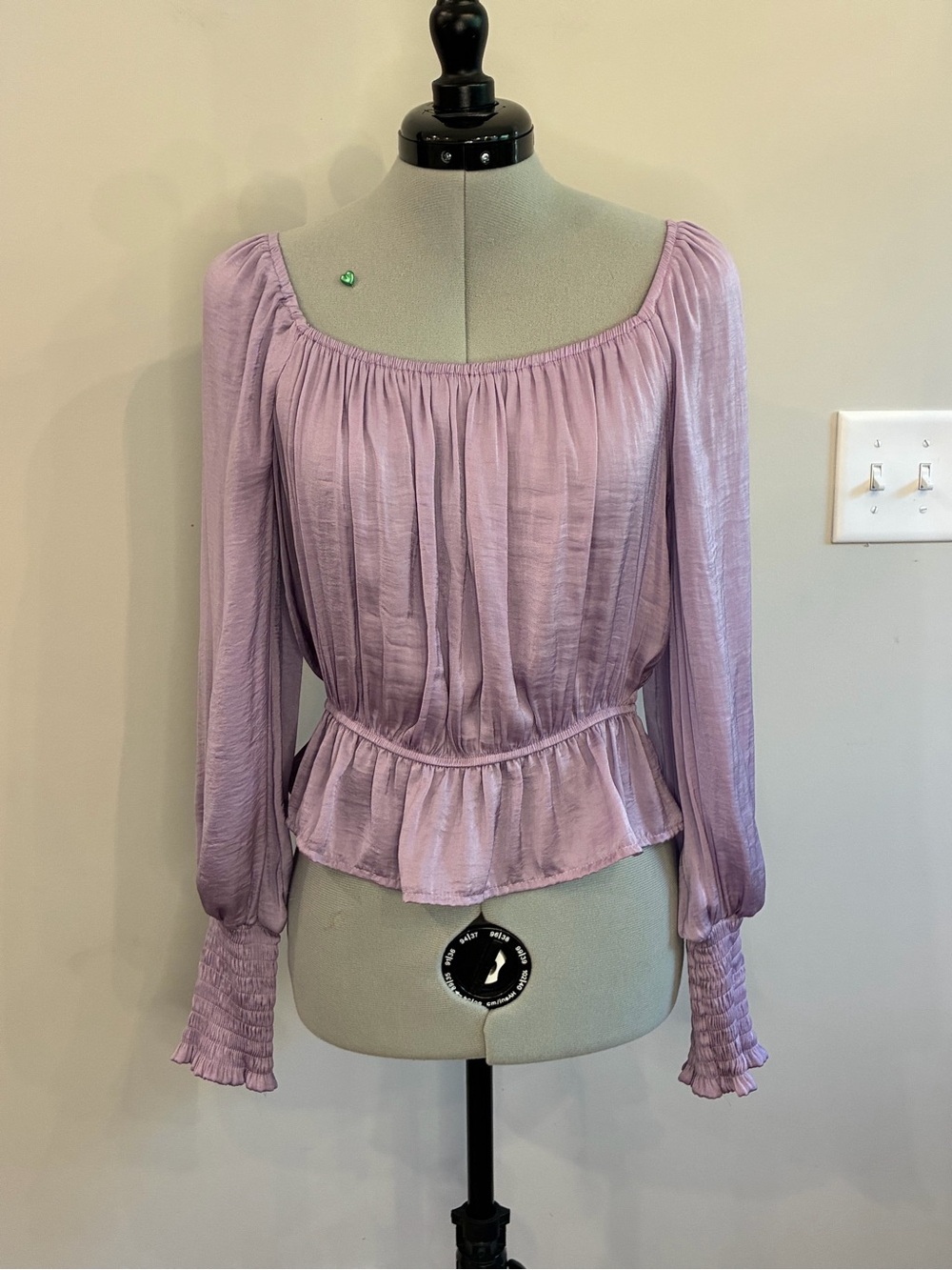 She + Sky Lavender Peasant Blouse with Smocked Cuffs